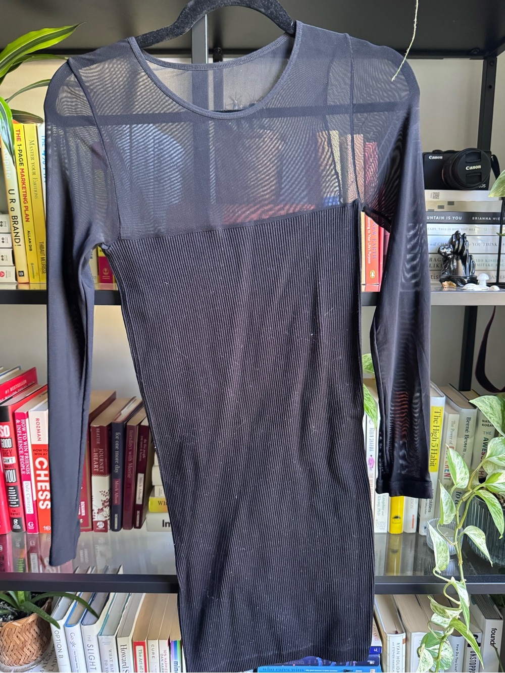 Ardene Black Long-Sleeve Sheer Yoke Ribbed Dress